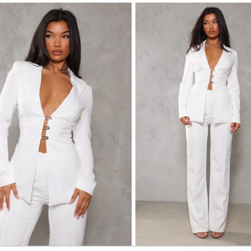 White blazer and wide leg pants set
